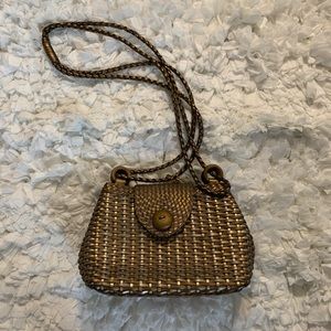 Vtg CEM Woven Leather Intrecciato Nodini Crossbody Bag Purse Gold Metallic EUC